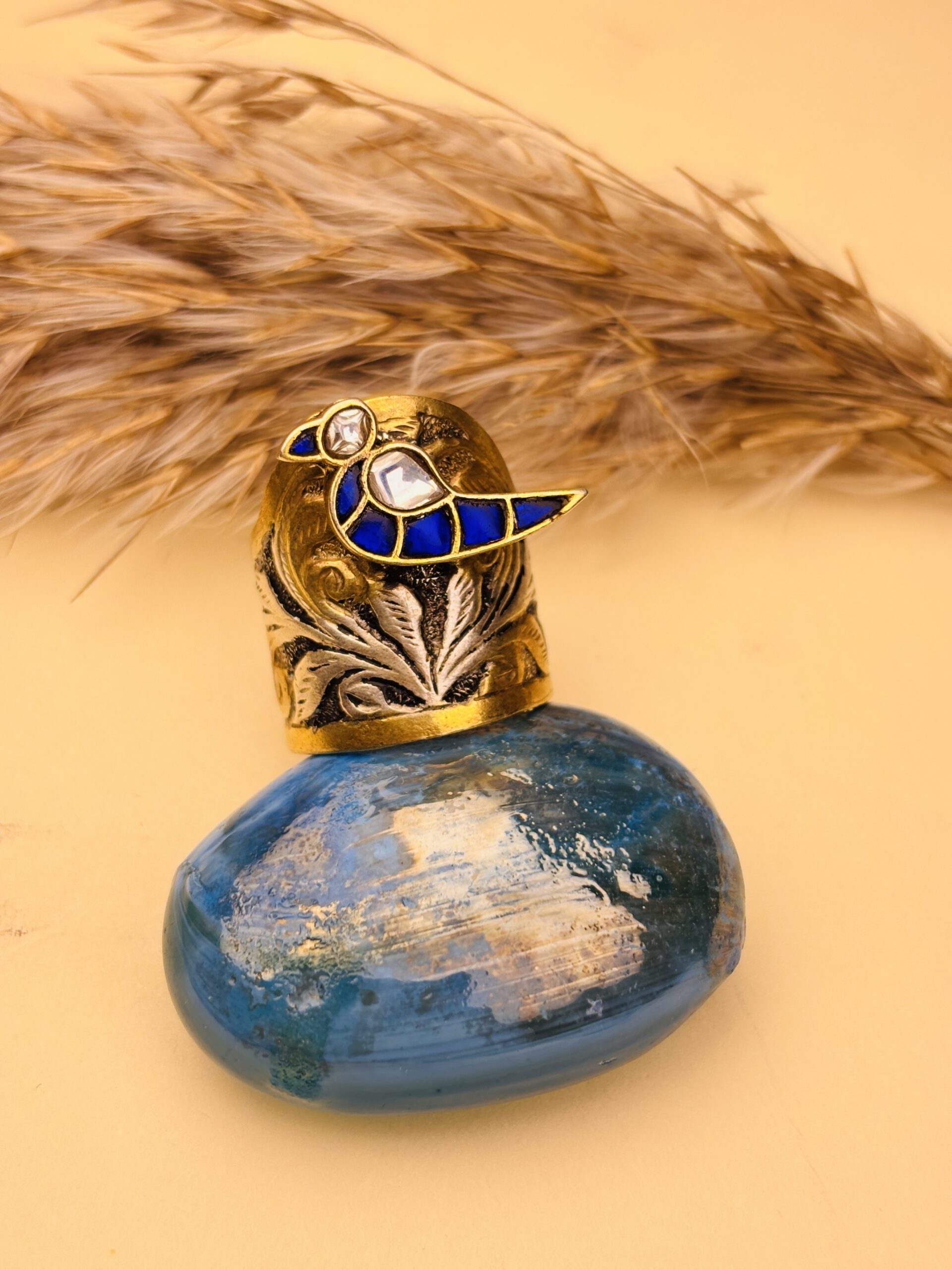 925 Silver Blue Bird Statement Ring | Handcrafted Gold-Plated Oxidized Designer Ring with Blue & White Stones