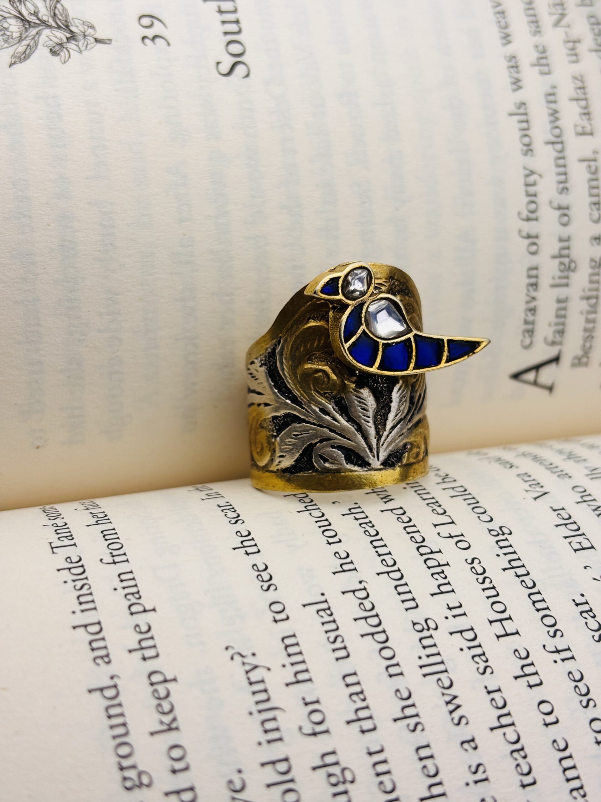 925 Silver Blue Bird Statement Ring | Handcrafted Gold-Plated Oxidized Designer Ring with Blue & White Stones - Image 3