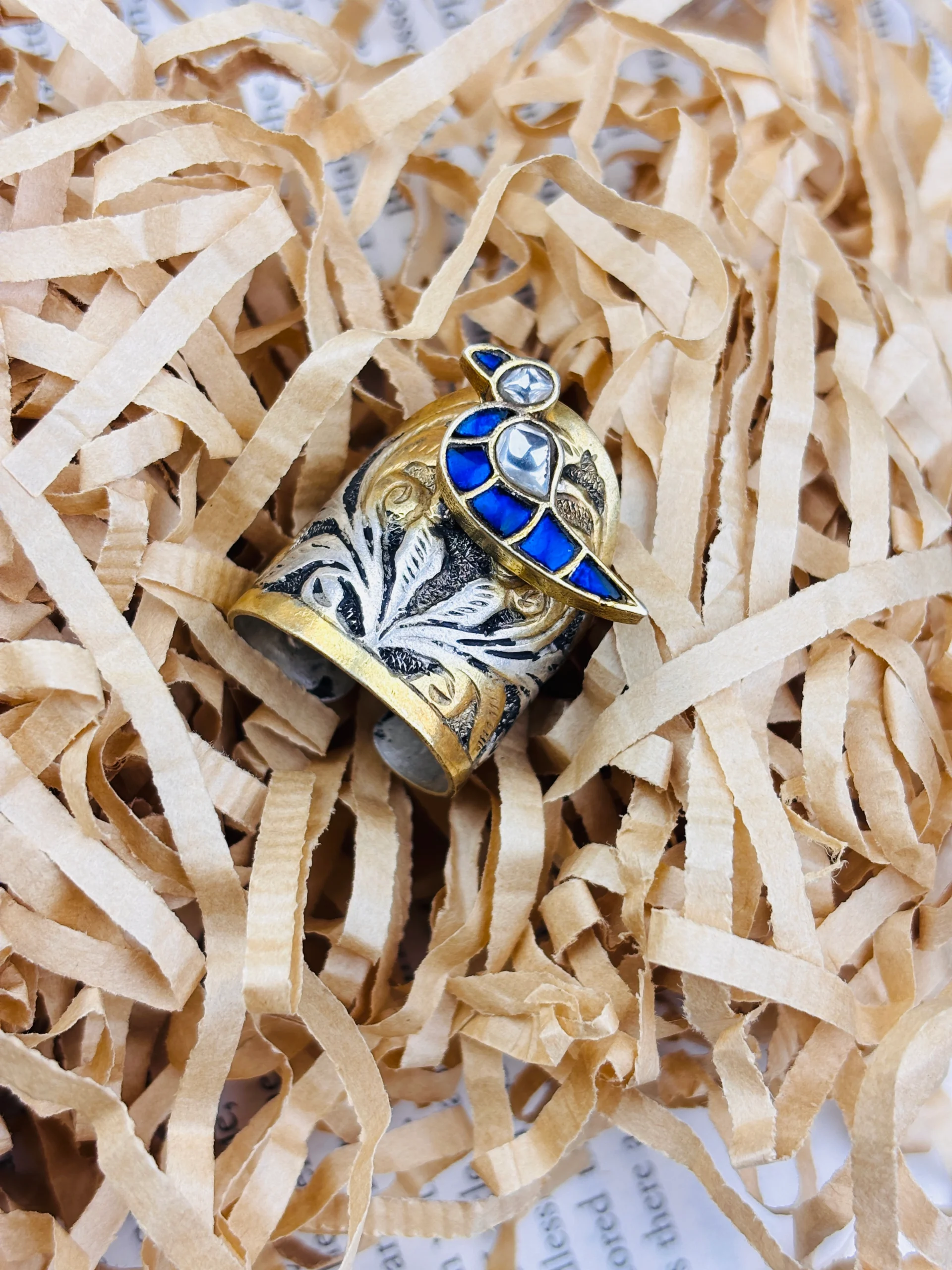 925 Silver Blue Bird Statement Ring | Handcrafted Gold-Plated Oxidized Designer Ring with Blue & White Stones - Image 4