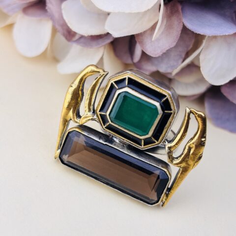 925  Silver Geometric Statement Ring with Emerald Green & Smoky Quartz Stones | Handcrafted Gold-Plated Designer Ring