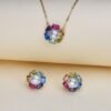 925  Silver Gold Plated Multicolor Gemstone & White Pearl Floral Pendant Set | Rainbow CZ Necklace & Stud Earrings Set for Women