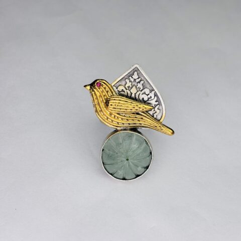 925  Silver Handcrafted Bird Ring with Green Carved Gemstone | Oxidized & Gold-Plated Statement Ring