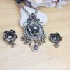 925 Sterling Silver Oxidized Floral Pendant Set with Green & Ruby Pink Stones | Vintage Boho Statement Necklace & Earrings