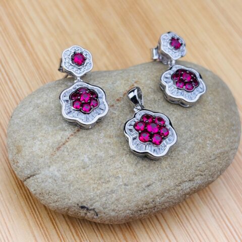 925  Silver Floral Ruby Pink Cubic Zirconia Pendant Set | Flower Necklace & Drop Earrings Set for Women