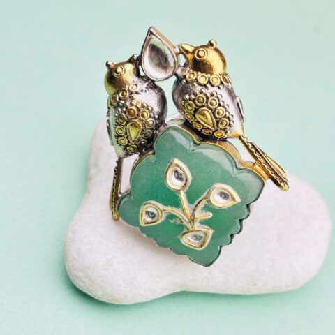 925  Silver Love Birds Statement Ring with Green Aventurine & Kundan-Inspired Stones | Handcrafted Oxidized Gold-Plated Ring
