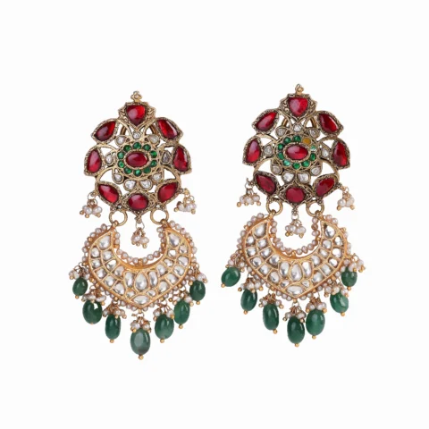 925 Silver Traditional Kundan Style Red & Green Chandelier Earrings