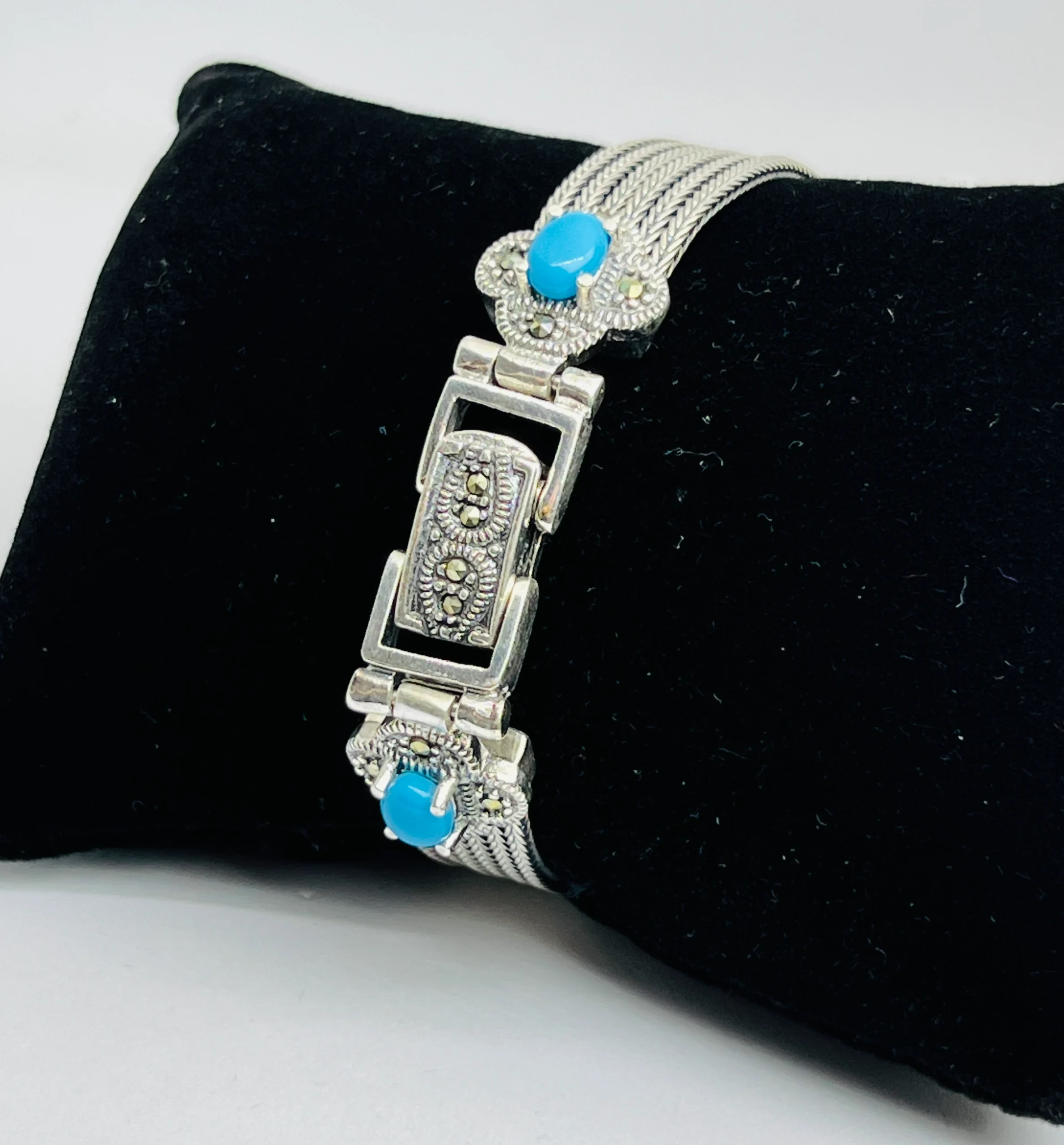 925 Silver Turquoise Watch – Oval Dial with Antique Finish & Elegant Mesh Bracelet - Image 2