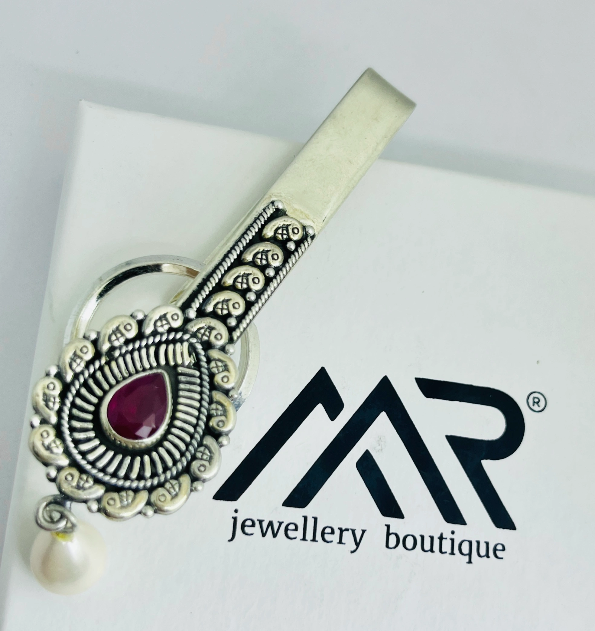 925 Silver Pink Stone Keyring – Antique Indian-Inspired Teardrop Design with Pearl Charm