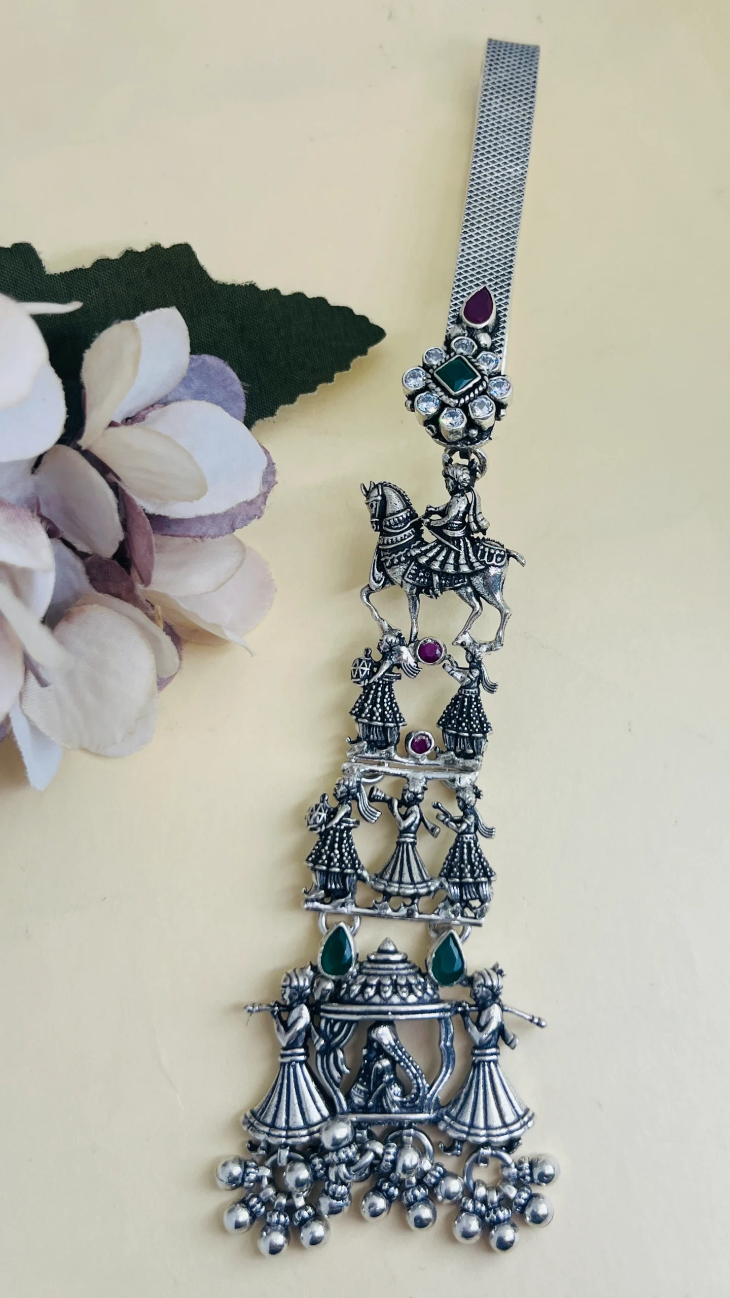 925 Silver Green & Pink Stone Keyring – Traditional Rajasthani Dancer & Horse Charm Design