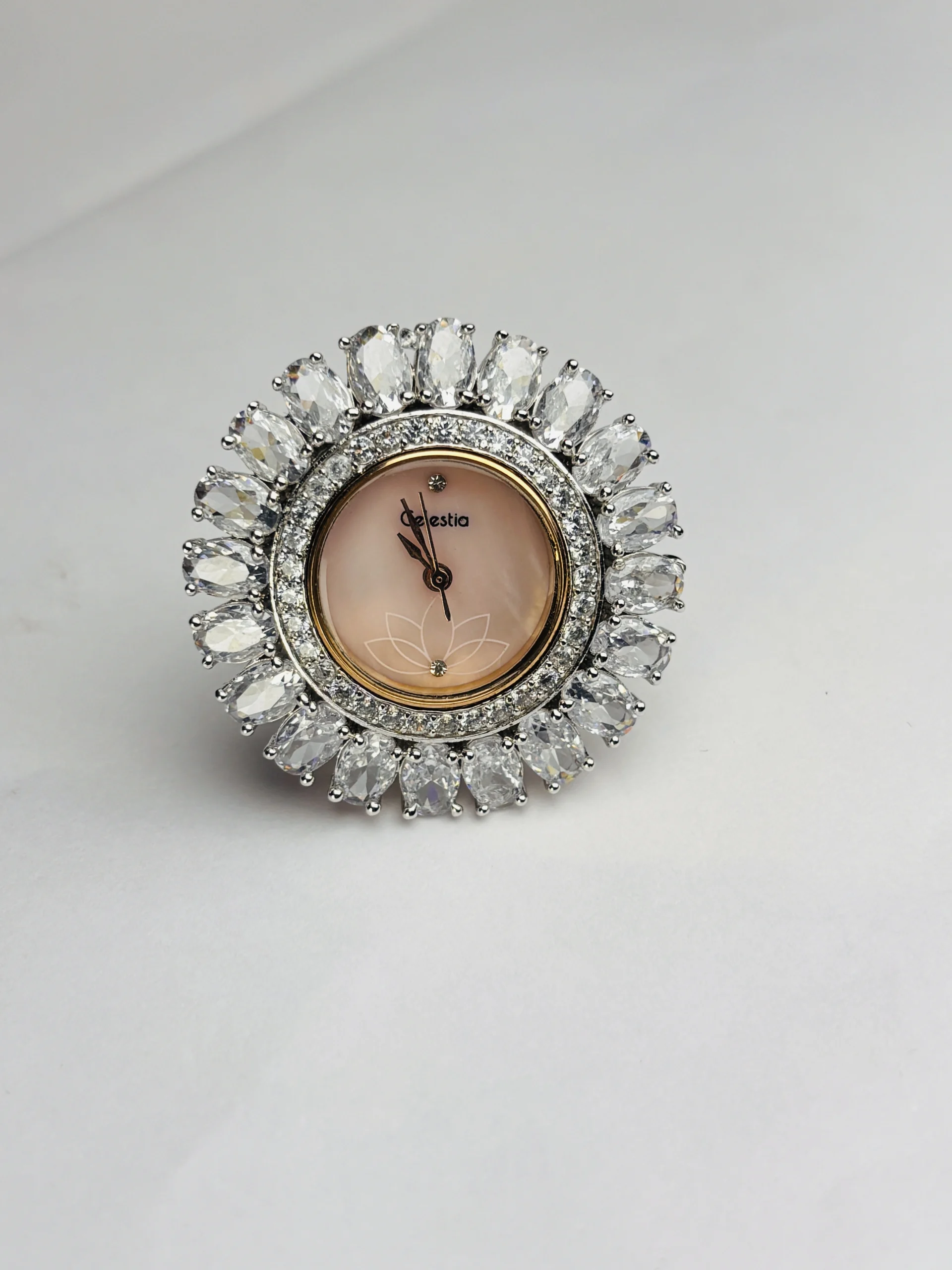 925 Silver Ring Watch – Elegant Round Pink Dial with Crystal Flower Halo Design - Image 2