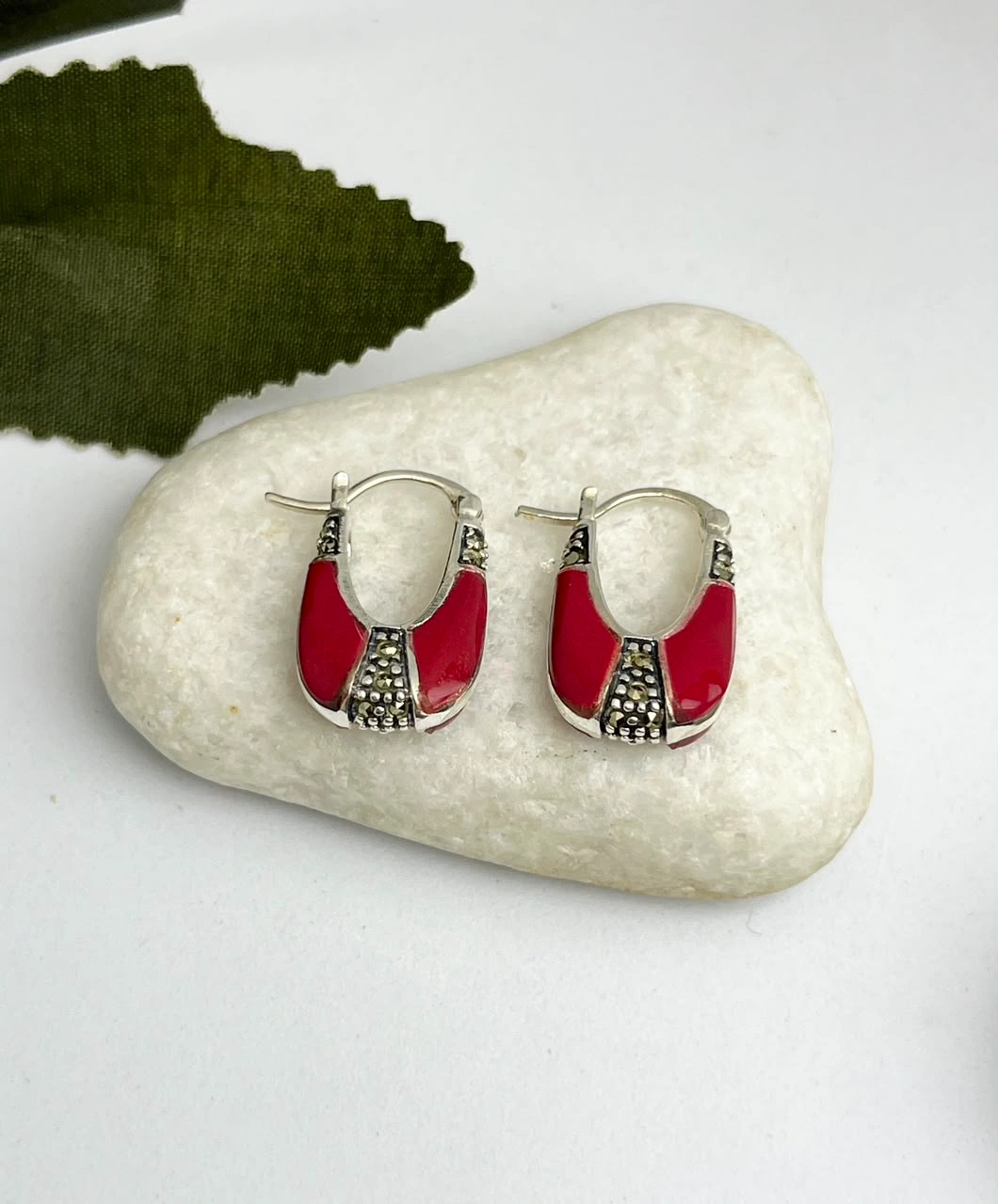 925 Silver Red Enamel Bali with CZ Stone Detailing – Elegant Hoop Style Statement For Women - Image 2