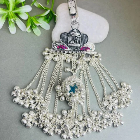 925 Sterling Silver Traditional Keyring – Ornate Deity Motif with Dangling Chain & Bell Charms